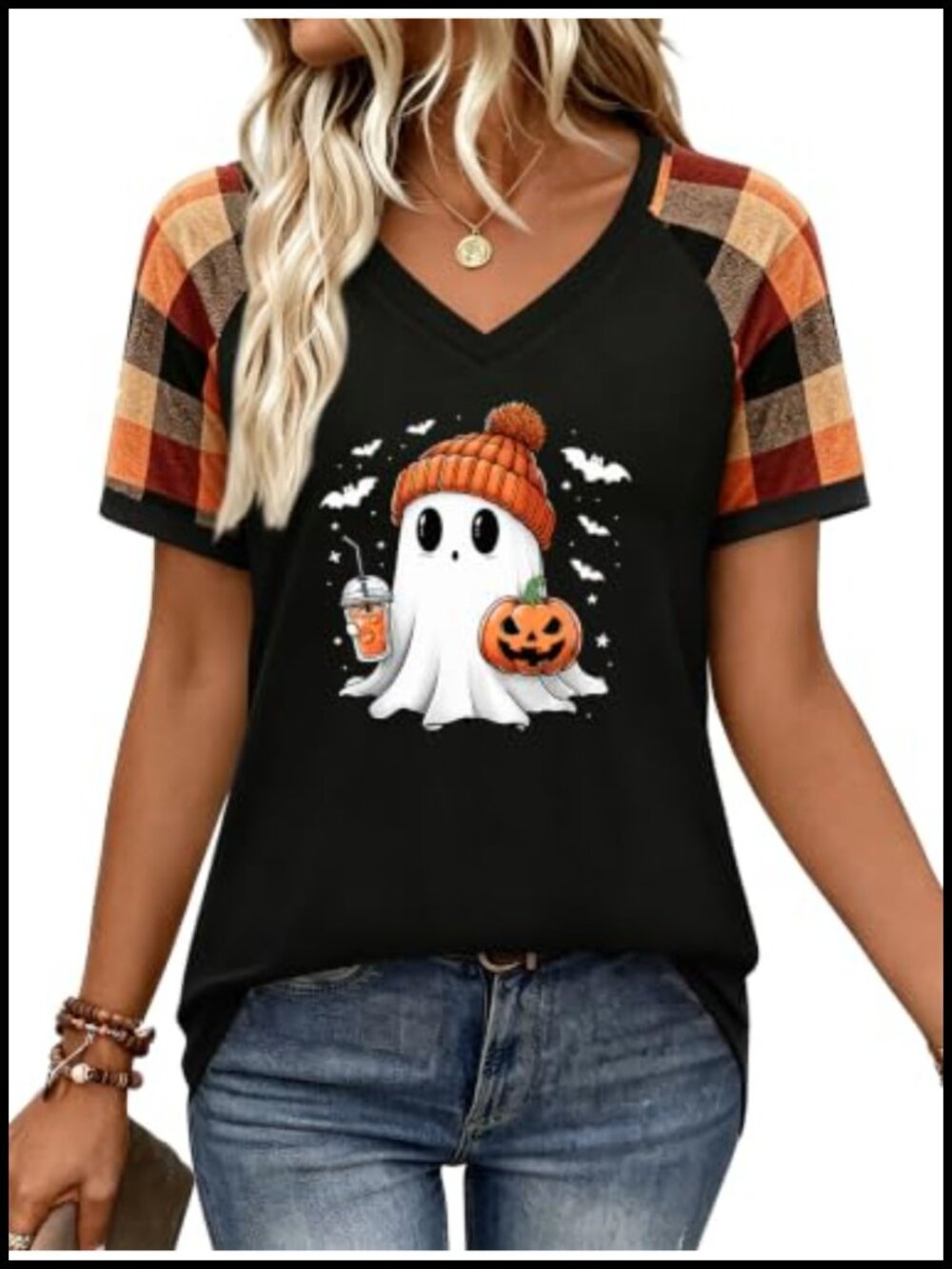 Women's Halloween Ghost T-Shirt V-Neck Leopard Plaid Raglan Tee